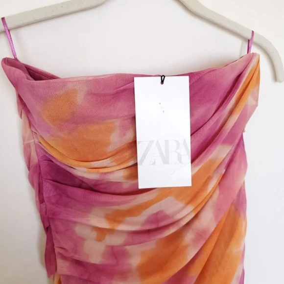 ZARA Tie Dye Strapless Midi Dress Womens Small Pink Orange Tulle - Picture 3 of 11